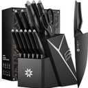 Kitchen Knife Sets with Block -15 PCS Knife Set with Bulti-in Sharpener, Dishwasher Safe, Stainless Steel Kitchen Knife with Ergonomic Handles, Sharp Knives for Men and Women,Mothers Day, Black