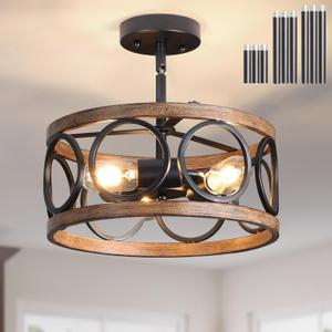 Semi Flush Mount Ceiling Light, 3-Lights Modern Farmhouse Ceiling Lighting Fixture, Vintage Close to Ceiling Light for Kitchen Hallway Foyer Bedroom Black and Wood Grain Finish, 12.5 INCH