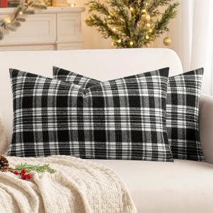 MIULEE Fall Set of 2 Scottish Tartan Plaid Lumbar Throw Pillow Covers Farmhouse Classic Decorative Outdoor Square Cushion Cases for Halloween Thanksgiving Decor Sofa Couch 12x20 Inch, Black and White