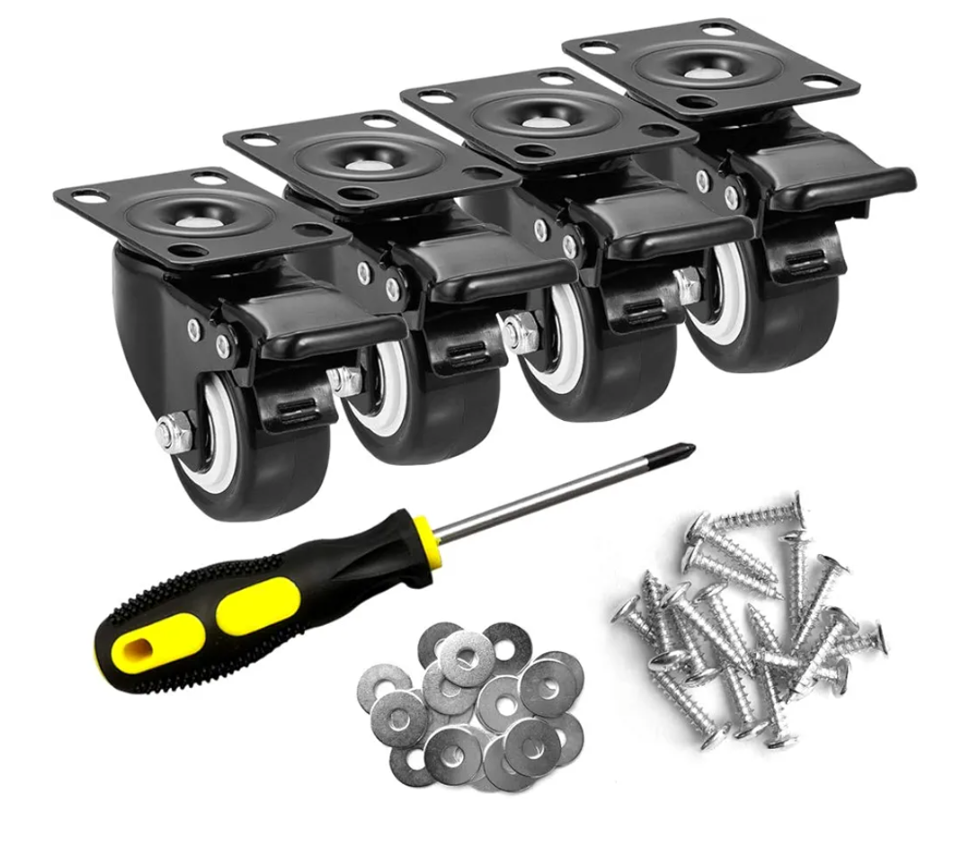 2" Caster Wheels Set of 4, Heavy Duty Casters with Brake, No Noise Locking Polyurethane (PU) Wheels, Swivel Plate Castors, Pack 4