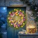 Pastel Easter Wreath for Front Door with Lights, 18 Inch Spring Floral Wreath with Colorful Eggs, Daisy & Eucalyptus Greenery, Farmhouse Easter Door Decor