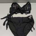 Blooming Jelly Women's Bikini Set Two Piece Swimsuit Modest Bathing Suit Petal Hollow V Neck Top String Mid Rise Bottom (Medium, Black)