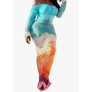 Famnbro Women's Sexy Off The Shoulder Long Sleeve Ruched Bodycon Maxi Dress Gradient Dresses, S
