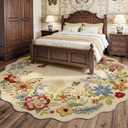 FMFUNCTEX 8ft Round Washable Beige Boho Scalloped Area Rug for Living Room
