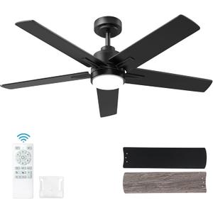 52 Inch Black Ceiling Fan with Light and Remote Control,Dimmable 3 Color Temperatures LED Ceiling Fan,6 Speeds Reversible DC Motor,5 Blades Modern Ceiling Fans for Indoor or Covered Outdoor