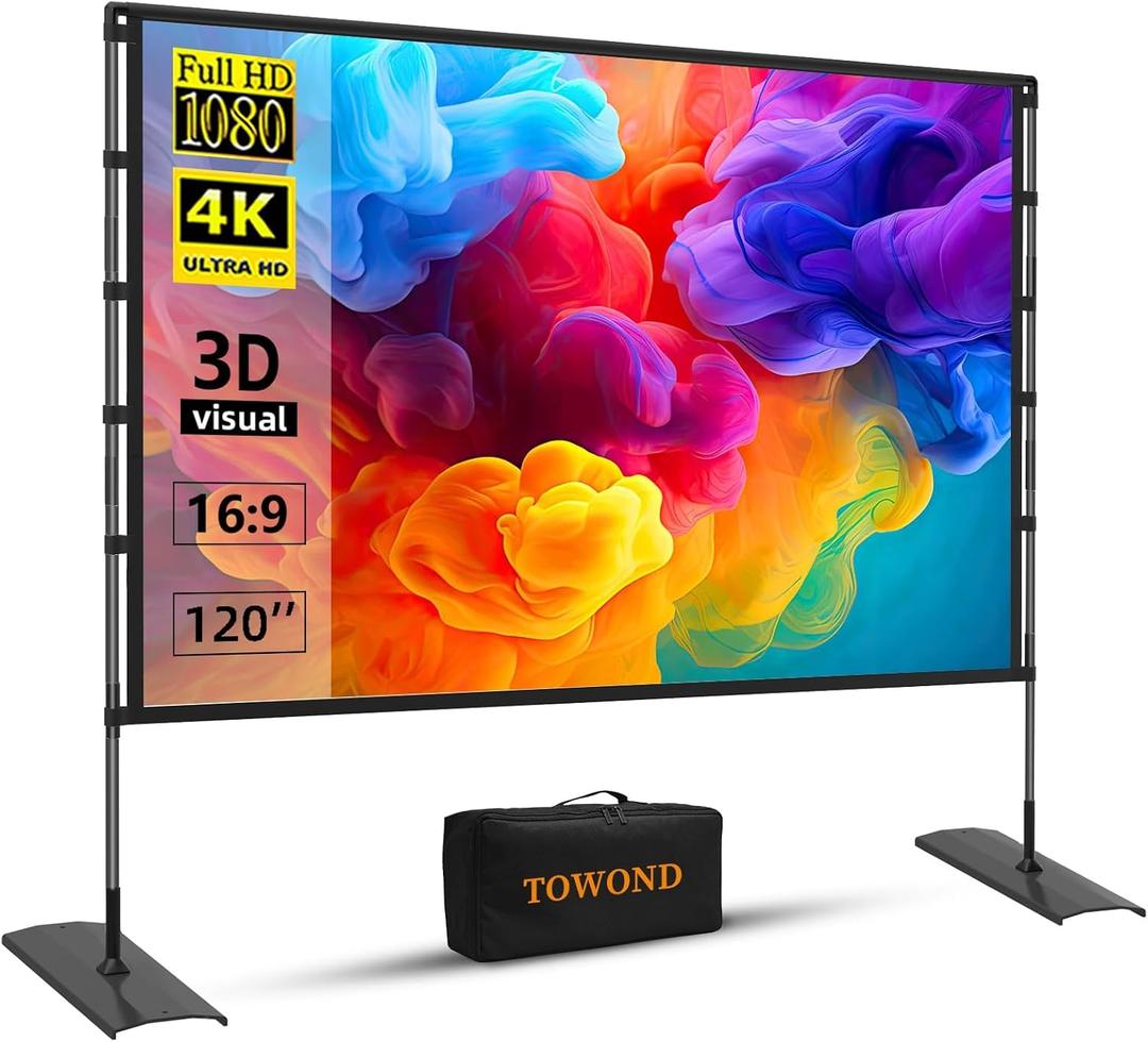 TOWOND Projector Screen and Stand, 120 inch Outdoor Projector Screen Indoor, Portable Movie Screen 16:9 4K Front Rear Projection Screen with Carry Bag Wrinkle-Free Design for Home Backyard Theater