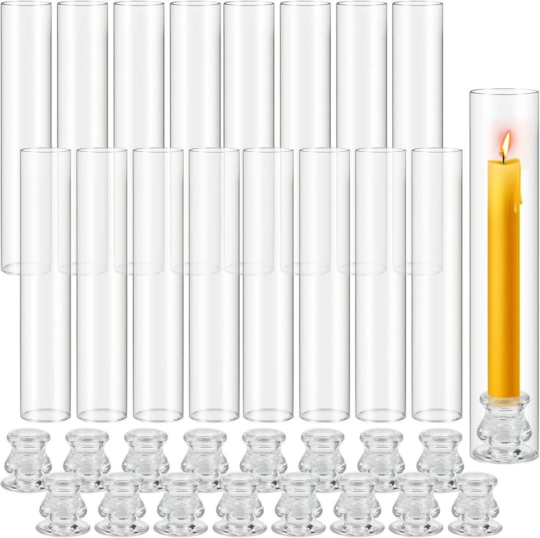 Hurricane Glass Candle Holders Set of 16, 11.8" H Clear Cylinder Windproof Candle Holder Chimney Tubes, Taper Glass Candlestick Holders for Home Decor Wedding Party Table Centerpieces