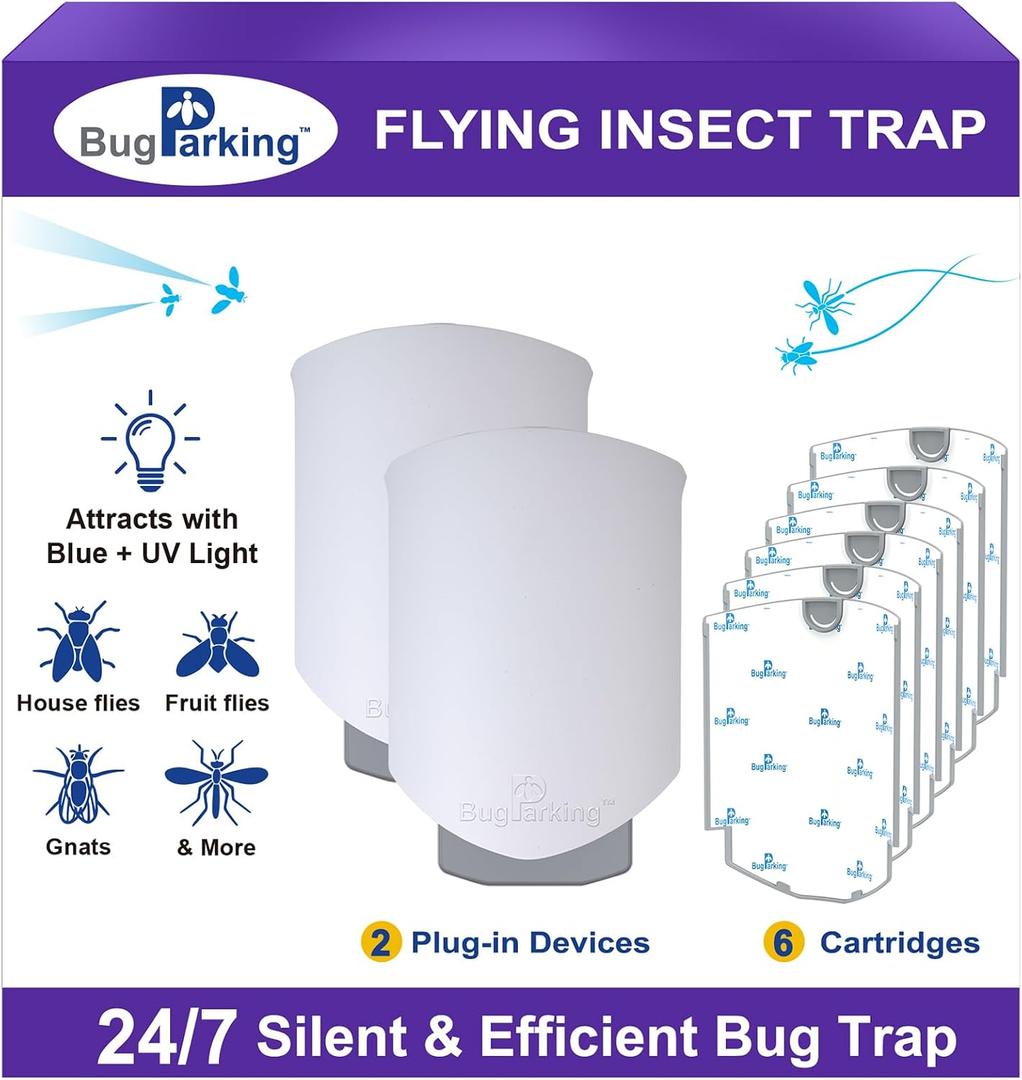 Flying Insect Trap, Plug-in UV Light for Gnats, Fruit Flies and Houseflies, Silent Sticky Catcher for Indoor Use, 2 Devices & 6 Refills