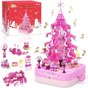 SpringFlower Christmas Tree Building Block Set, Rotating Music Box Christmas Tree for Boys Girls Adults, Xmas Gifts Decorations for Kids Adults Teens, Pink, 594 PCS