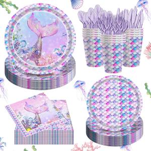 140PCS Mermaid Themed Party Supplies for Girls Baby Shower Under the Sea Mermaid Birthday Party Decorations Ocean Party Tableware Plates Cups Napkins Knives Forks for 20 Guests