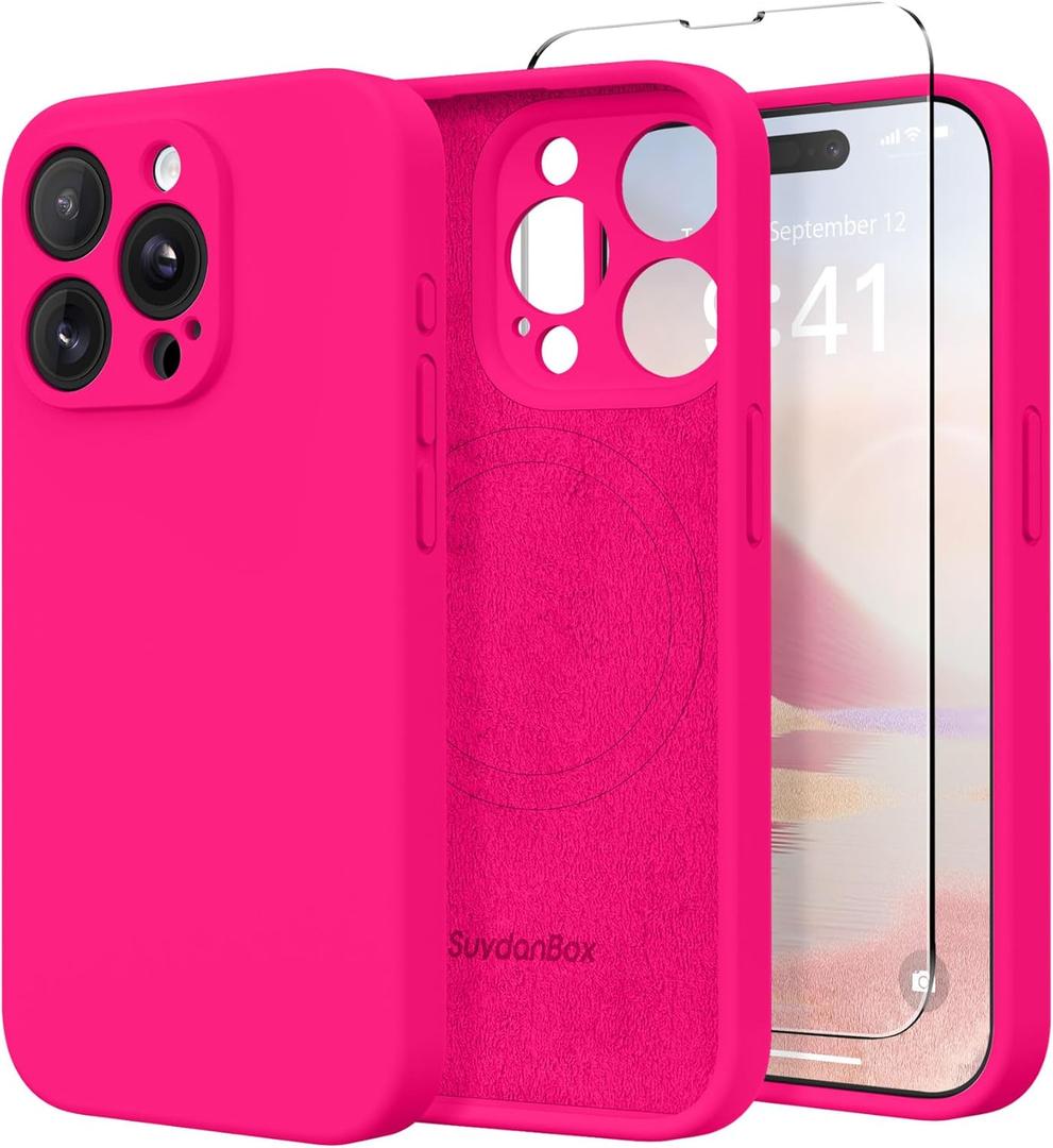 SuydanBox Magnetic for iPhone 14 Pro Case, Compatible with MagSafe, [Full Camera Protection][Screen Protector] Silicone Shockproof Protective Phone Case for iPhone 14 Pro 6.1", Hot Pink