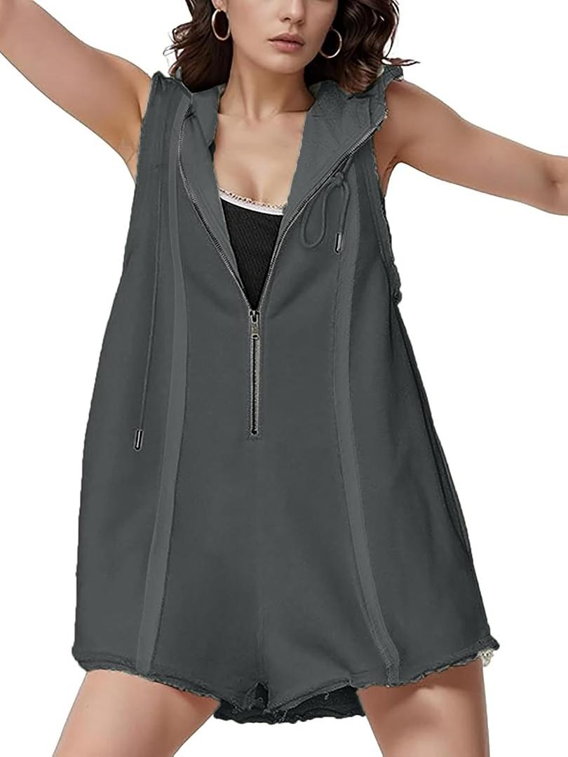 Women's Summer Sleeveless Athletic Workout Hooded Rompers Casual Zip-Front Neck Shorts Jumpsuit Overalls with Pockets (Gray, XL)