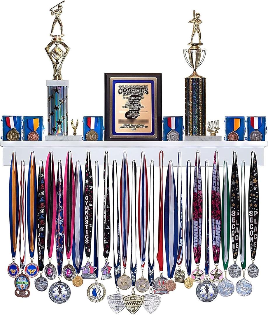 3ft- Medal Awards Rack Ultimate Medal Hanger Display and Trophy Shelf - Multi-Sport Trophy and Medal Holder for Medal Display, Plaques, Pictures, Trophies and More. Solid Wood - Large 36" - White (White)