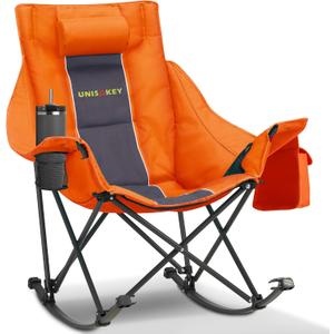 Unisakey Oversize Foldable Rocking Camping Chair,300lbs Capacity,Orange | With headrest & cup holder, easy fold portable design, ideal for camping, backyard & beach, supports up to 300lbs