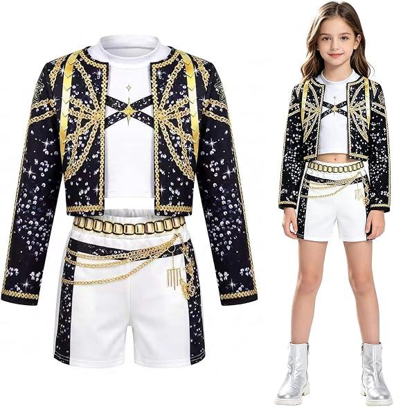 3 Piece Halloween Costume for Girls, Pop Idol Singer Cosplay Costume, Include Jacket Tshirt Short, size 120