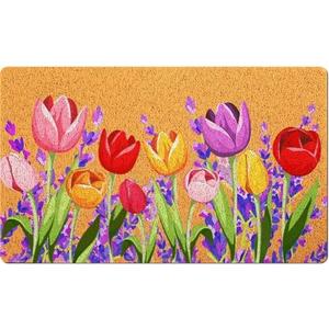Mindsoft Spring Floral Doormat Tulip and Lavender Welcome Mat Waterproof Non-Slip Outdoor Cute Entrance Rug for Spring Home Decor Seasonal Holiday Indoor Patio, 18 x 30 Inch
