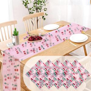 5 Pcs Pink Cherry Pattern Tulle Table Runner 29x70 Inch Transparent Lace Decoration Tablecloth for Family Birthday Wedding Party Decorations Home Kitchen Table Decor (Cherry)