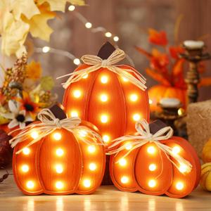 3 Pcs Light up Thanksgiving Pumpkin Decor Thanksgiving Farmhouse Pumpkins Sign Rustic Tiered Tray Decorations Table Centerpieces Standing Wooden Block Sign for Home Kitchen Halloween