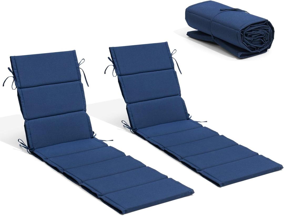 Crestlive Products Chaise Lounge Cushion Outdoor Set of 2 72''Lx21''W, Waterproof Foldable Patio Lounge Chair Cushions with Straps, Lounger Cushions for Outdoor Furniture, Lawn, Pool, (Navy)