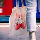 Coquette Tote Bag - Pink Bows Cherry Heart Canvas Tote for Women, Cute Trendy Gift