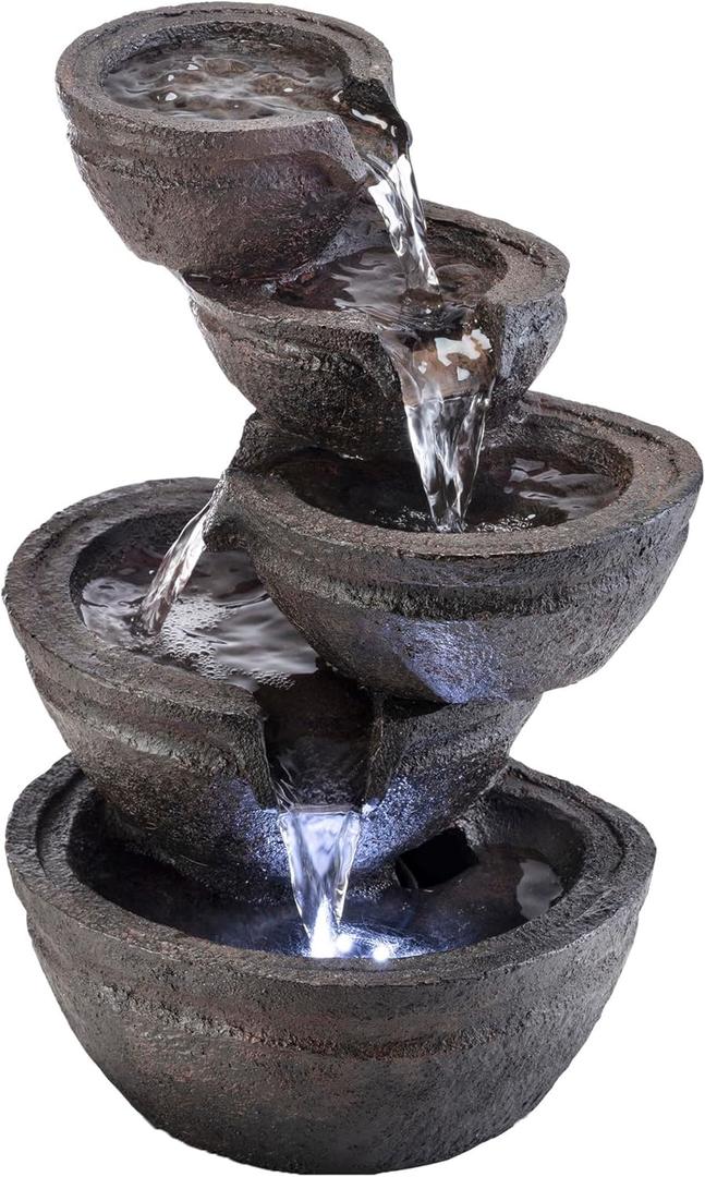 Alpine Corporation WIN1138 13" Indoor Tabletop Tiering Bowls Water Fountain with LED Lights Cascading Water Feature for Home, Office, Meditation, and Relaxation, Dark Gray