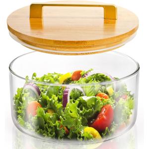 Peohud Glass Trifle Bowl, 8 Inch Clear Salad Bowl with Bamboo Lid, 85 Oz Large Dessert Serving Container for Party, Salad, Fruit, Ice Cream, Cake, Microwave Dishwasher Safe