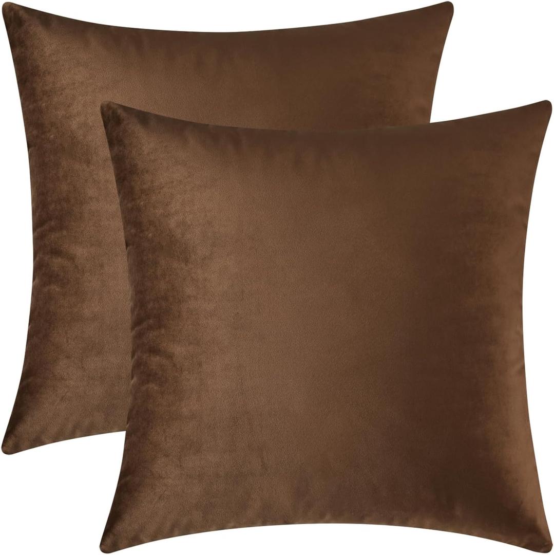 Mixhug Decorative Throw Pillow Covers, Velvet Cushion Covers, Solid Throw Pillow Cases for Couch and Bed, Brown, 24 x 24 Inches, Set of 2