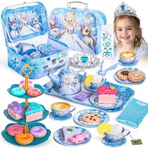 Hohosunlar Frozen Tea Party Set for Little Girls, Princess Gift Toy, Kids Pretend Play Tin Tea Set with Teapot, Tea Cups, Food Playset & Carrying Case, Birthday for Girls Age 3+