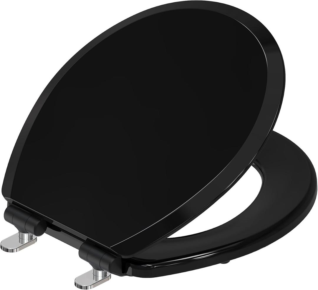 Pro Elite Heavy-Duty Wood Toilet Seat Round, Black, Magnetic Quick-Release Easy-Clean and Change, HushMotion Soft Close, StainShield High-Gloss Finish, Arch-Tite Secure Fit