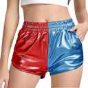 Women's Yoga Hot Shorts Elastic Waist Shiny Metallic Short Pants (Medium, Red-blue)