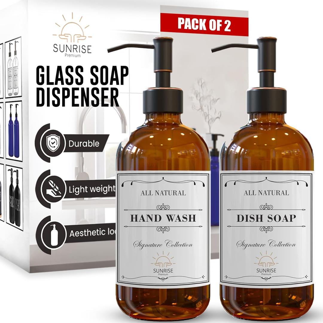 2 Pack Amber Glass Soap Dispenser 16 OZ with Oil Rubbed Bronze Stainless Steel Pump, Hand and Dish Soap Dispenser Set for Bathroom and Kitchen Sink with 6 Waterproof Labels