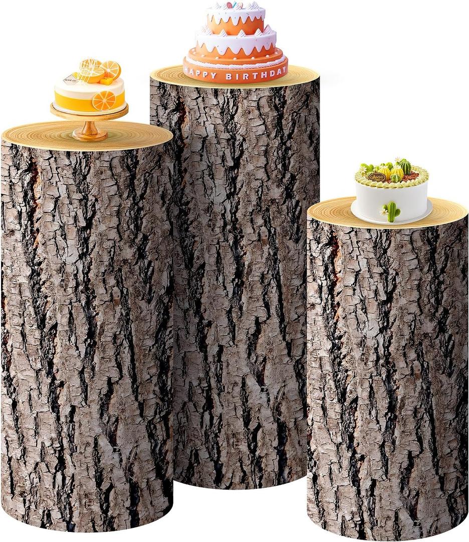 SaitiMade Set of 3 - Wood Cylinder Pedestal Stand Covers, Spandex Wooden Texture Cylinder Stand Covers for Party, Wedding or Birthday Event Decor - Only Contains Cylinder Covers