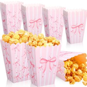Fullhawl 24 Pcs Pink Bow Mini Popcorn Boxes Pink and White Bulk Popcorn Containers Open Top Goodies Treat Candy Bags for Wedding Baby Shower Party Supplies
