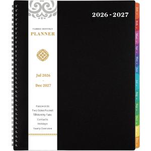 Monthly Planner 2026-2027 - JUL 2026 - DEC 2027 Planner/Calendar,18 Monthly Planner with Contacts & Passwords, 8.5" x 11" Planners 2026-2027, Colorful Tabs, Thick Paper, Black