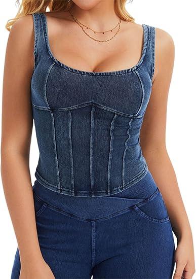 Denim Corset Top for Women Going Out Jean Crop Tank Top Trendy Sleeveless Slim Fit Workout Denim Bustier Large Light Blue Size M