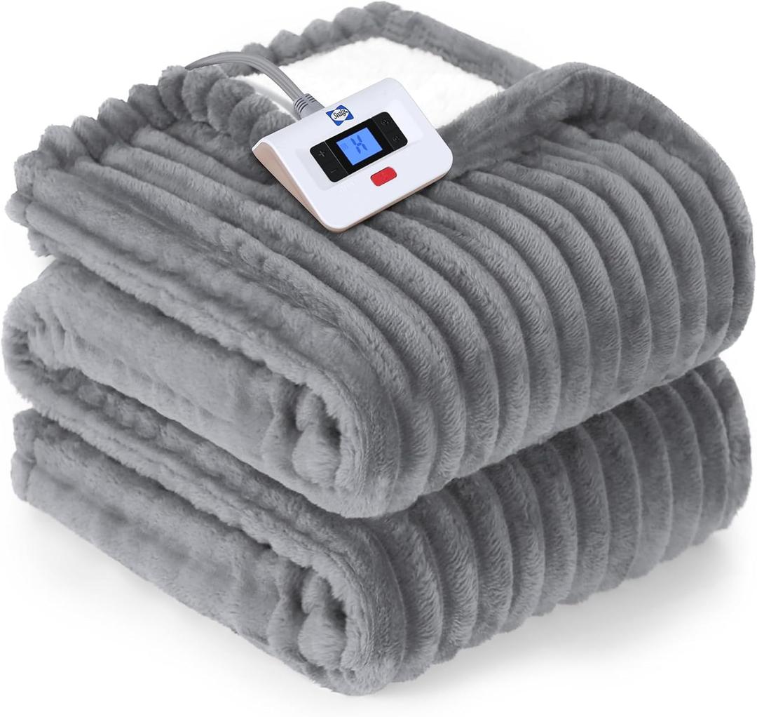 Sealy Electric Blanket Twin Size, Soft Ribbed Flannel to Sherpa Reversible Heated Blanket with 10 Heat Settings & 1 to 12 Hours Auto-Off Overheat Protection Machine Washable, 62"x84" Light Grey