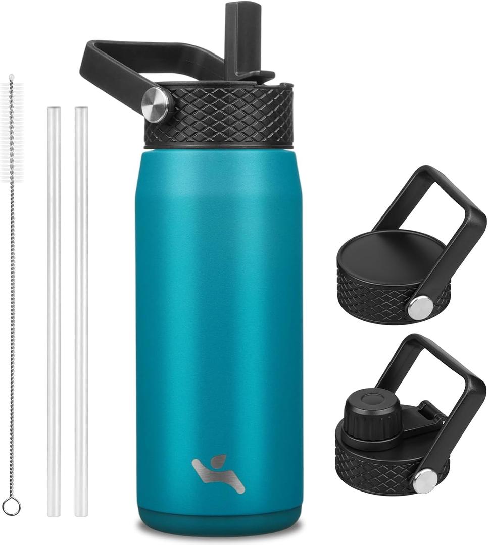 20oz Insulated Stainless Steel Water Bottle with Straw and 3 Lids, BPA-Free Sports Water Bottle, Travel Water Bottle, Lake Blue