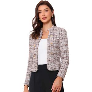 Allegra K Vintage Tweed Jackets for Women's Stand Collar Business Open Front Cropped Blazer Jacket (Large, Brown)