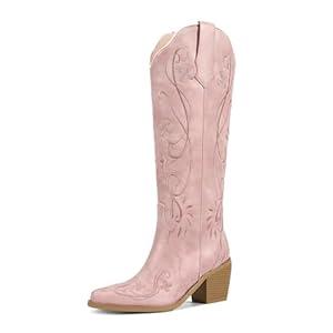 Wetkiss Pink Knee High Cowboy Boots for Women Western Cowgirl Boot Womens Tall Boot Thigh High Country with Pink Floral Embroidered Pointed Toe Chunky Heel, 8.5