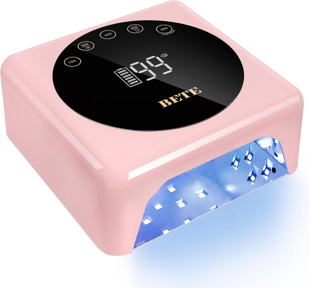 BETE Cordless LED Nail Lamp, 78W Rechargeable UV Nail Light, Intelligent Infrared Sensor and LCD Display Curing Nail Lamp, Portable Nail Dryer Gel Polish Light with 5 Timer Setting Pink