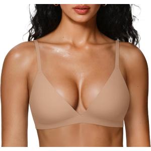 OEAK Womens Comfortable Triangle Bras No Underwire Sexy Plunge Unlined Bralette Pull On Bra Seamless Everyday Tshirt Bras (Medium, Nude)