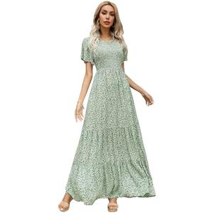 Kranda Women Summer Dress Round Neck Flutter Short Sleeve Smocked Ruffle Tiered Floral Maxi Dress 2024 Size L