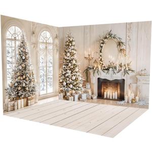 Kate Christmas Scene Setters Backdrops White Arched Window Fireplace Wooden Floor Indoor Decorations Photography Backgrounds Room Set (10ftx6.5ft&10ftx6.5ft)