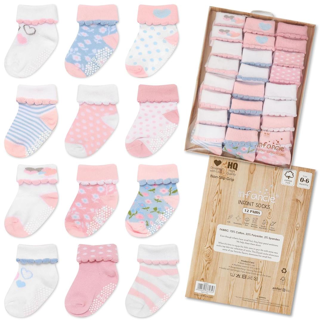 GOTS Certified Organic Cotton Rich Blend Baby Socks 12 Pairs For 0 - 6 (M) Baby Girl Soft, Stretchable & Comfortable Girl newborn Socks, Adorable Sock Shoes For Baby Girl, Gift For Little, Pink