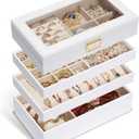 Homde Jewelry Tray Stackable Jewelry Box Drawer Organizer with Glass Lid, Removable Dividers for Vanity Table Gift Idea for Girls and Women (White)