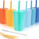 10 oz Wheat Straw Cups with Lids and Silicone Straws, Unbreakable Drinking Glasses, Plastic Cups for Kitchen, Small Tumbler Cups with Cleaning Brush, BPA Free, Dishwasher & Microwave Safe, 6 Pack