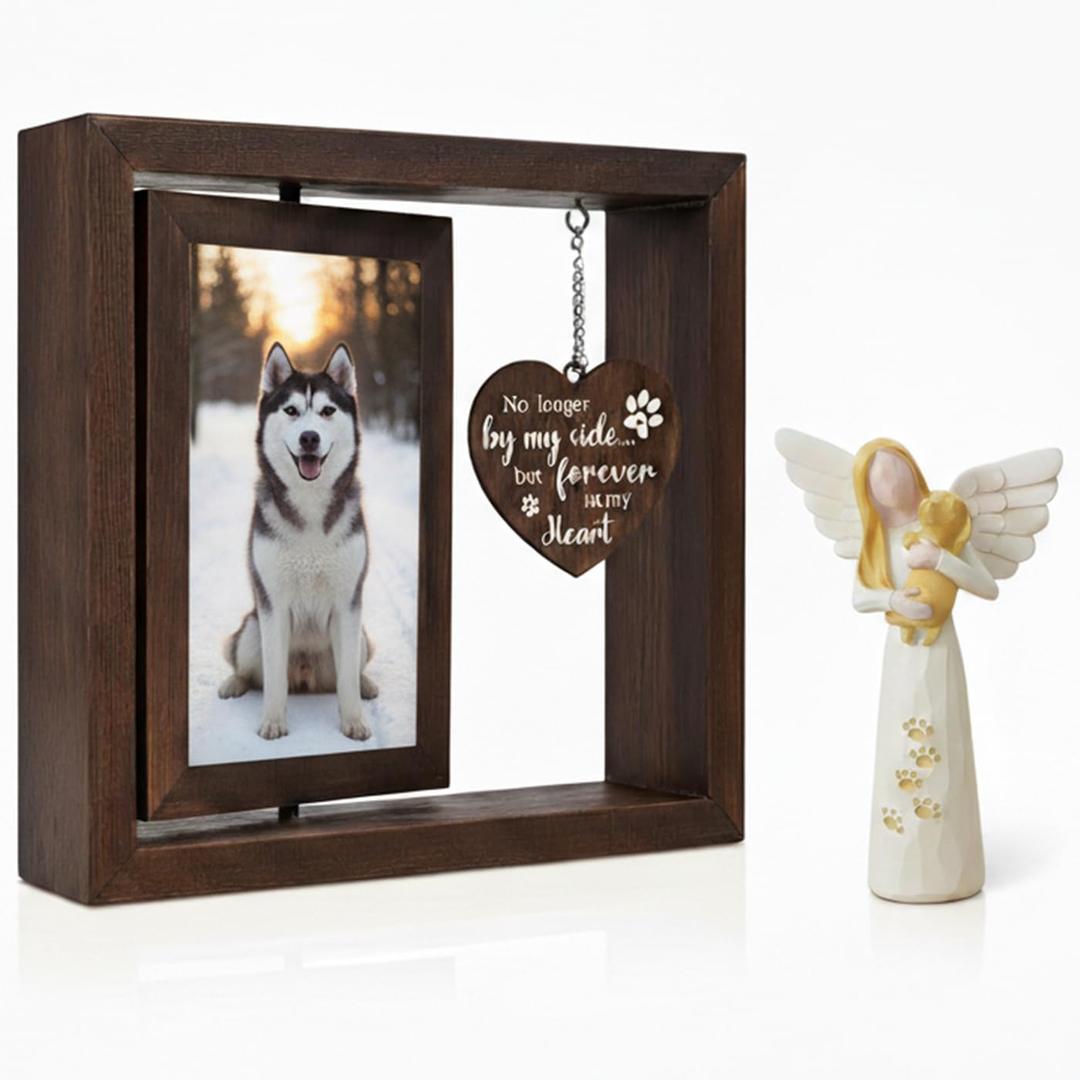 Dog Memorial Picture Frame – 4x6 Rotating Frame, Eco Pet Memorial Frame Keepsake Kit with Angel Holding Figurine – Sympathy Gift for Dog & Cat Lovers