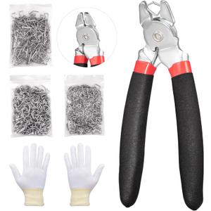 Spurtar Angled Hog Ring Pliers Kit with 360pcs 3/4" 1/2" 3/8" Hog Rings Spring-Loaded A3 Steel for Upholstery Fencing Animal Pet Cage Craft Bagging Netting Trap