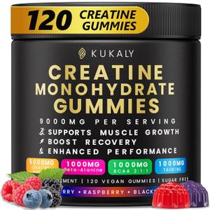 KUKALY Creatine Monohydrate Gummies for Men & Women, 9000MG Creatine Gummies Sugar Free - Mixed Flavored with L-Taurine, BCAA 2:1, B12 B6 for Boost Strength, Focus & Endurance, Vegan, Non-GMO, 120pcs, Mixed Fruit, 12/13/2027