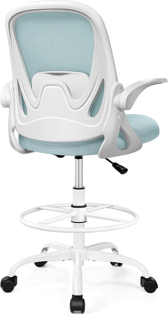 Drafting Chair Tall Office Chair with Flip-up Armrests, Adjustable Height, and Enhanced Lumbar Support - Ergonomic Rolling Stool, Back Support, and Adjustable Foot Rest Ring Light Blue 934W-Z